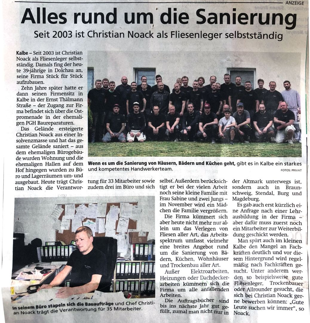 Ein Zeitungsartikel über Fliesen & Trockenbau Christian Noack - Kalbe mit der Überschrift "Alles rund um die Sanierung"